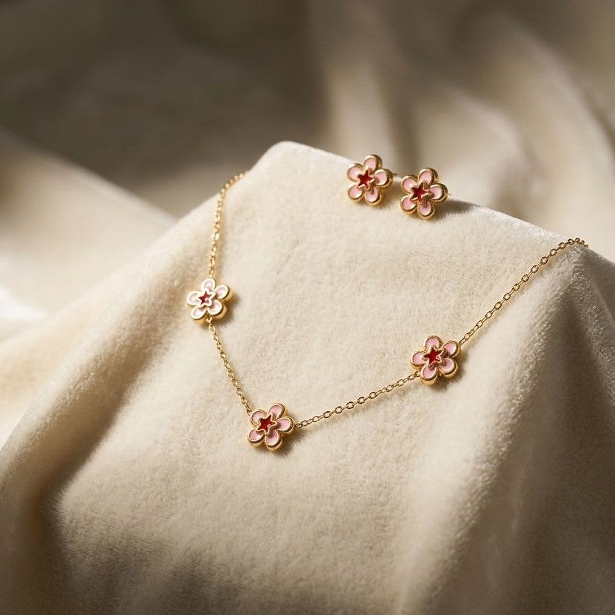 Pink Flower Necklace Set